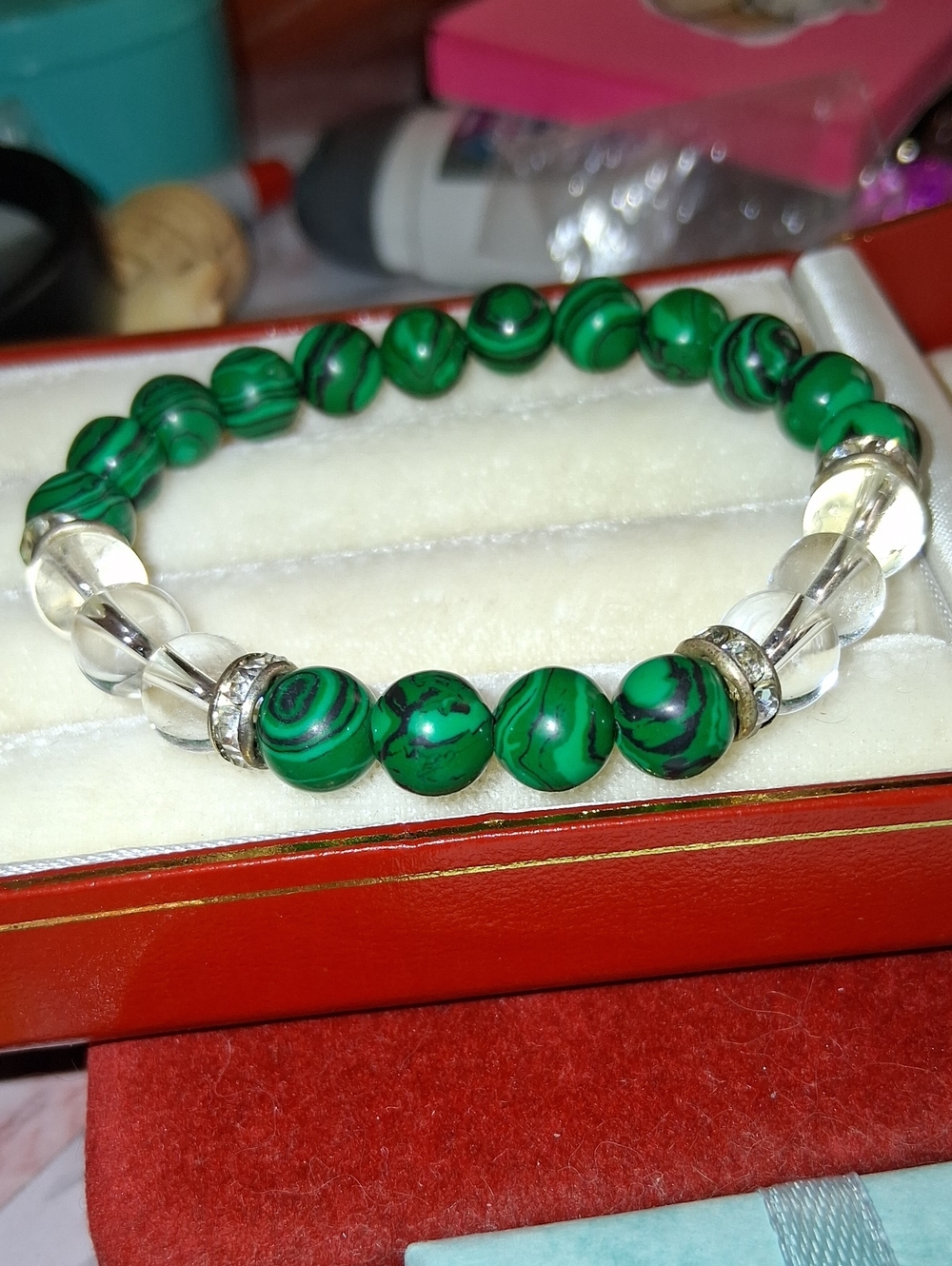 Source Unknown Green Malachite-Style & Clear Crystal Stretch Bracelet